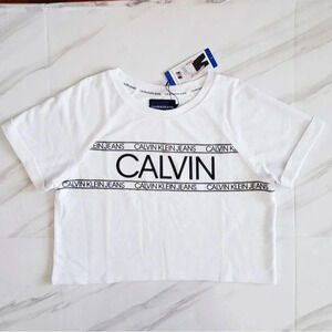 Calvin Klein Cropped Top French Terry White Short Sleeve Blouse Cotton Blend